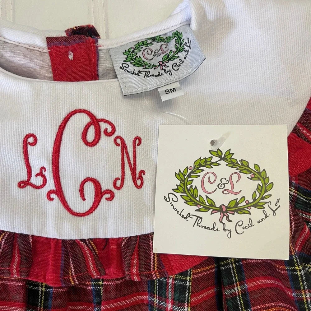 NWT Cecil and Lou Baby Girls Red Plaid Monogram LNC LCN Christmas Romper 9M